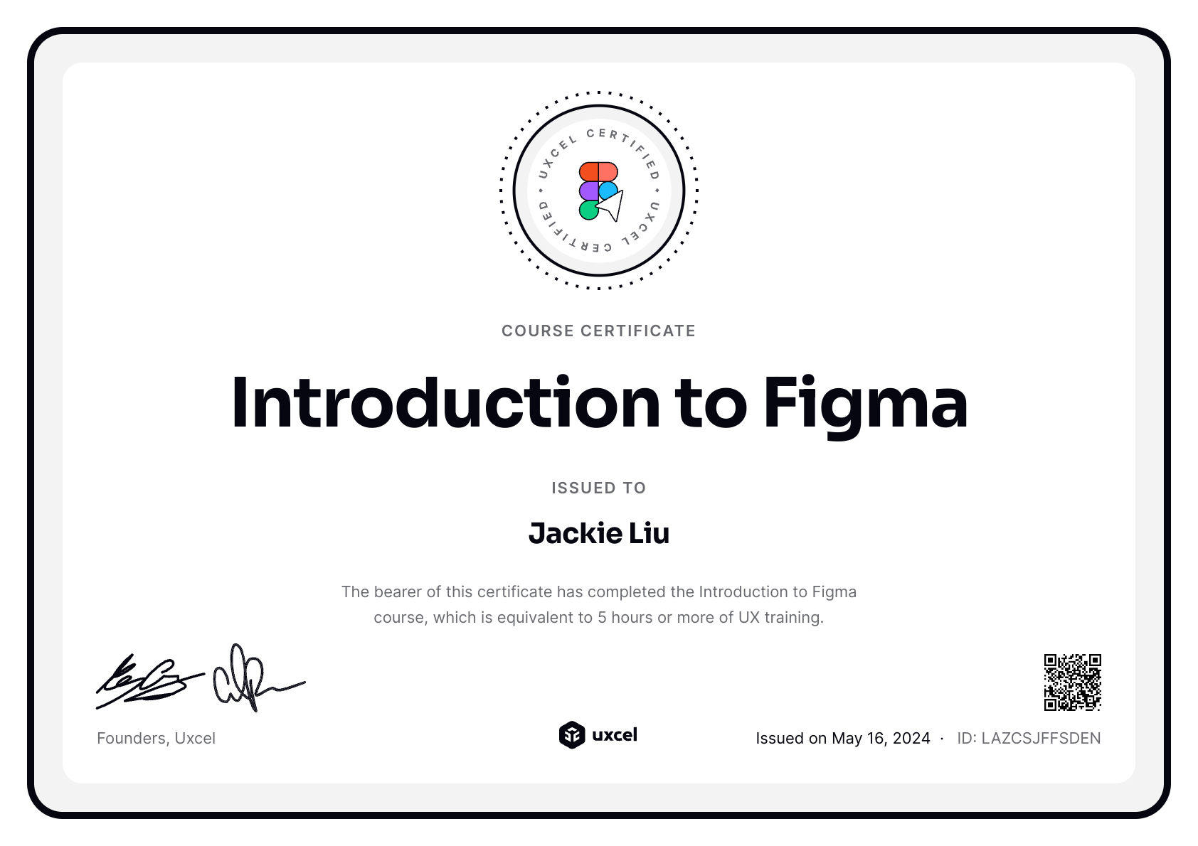 Jackie Liu's certificate